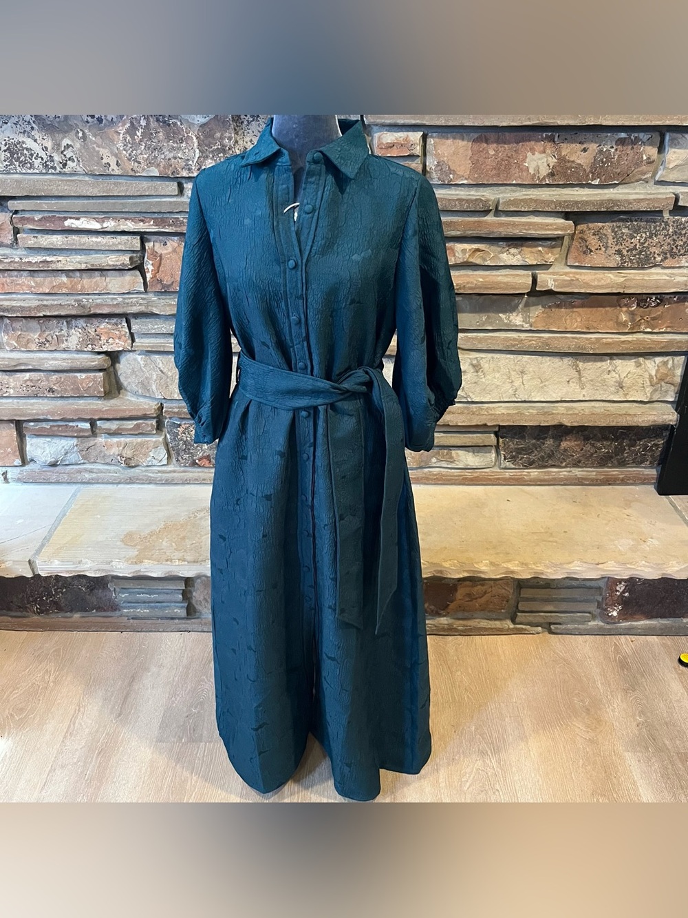 Trish Scully Florence Teal Jacquard Shirt Dress with Tie Belt